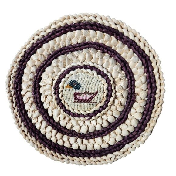 Vintage Set of 4 Rattan Trivet Hot Pad Placemat Woven Raffia Cross Stitch Duck - Picture 3 of 7